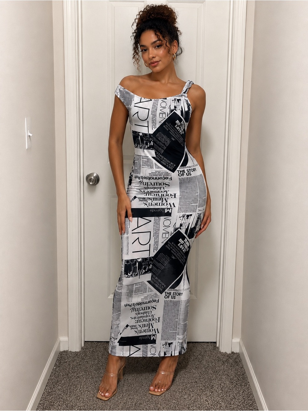 Newspaper-Print Off-Shoulder Maxi Dress - Black & White